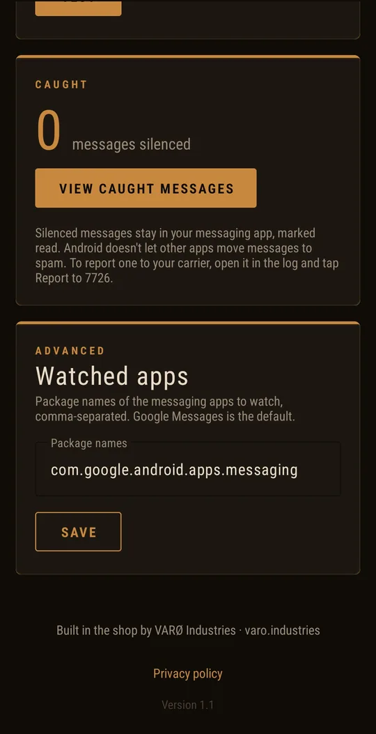 Caught messages card and the watched apps setting