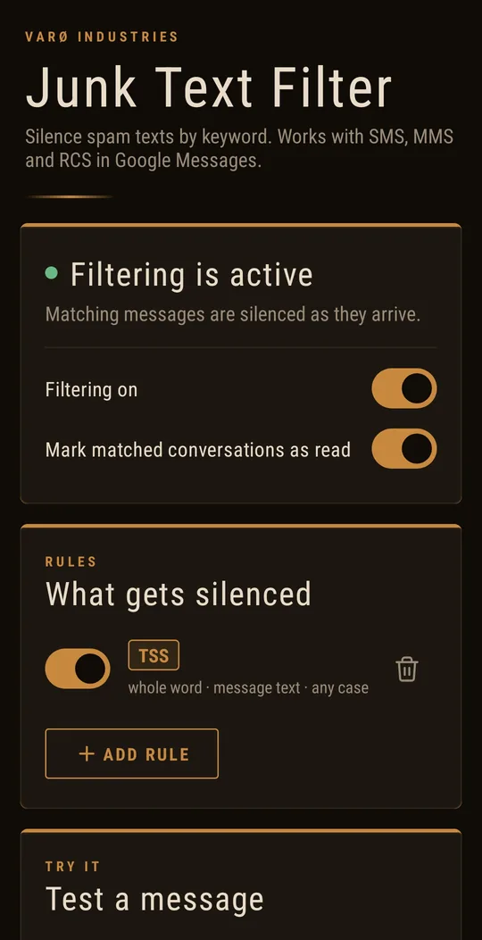 Home screen showing Filtering is active and a TSS whole-word rule